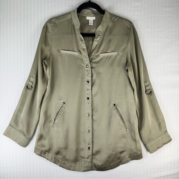 Chico’s Roll Tab Long Sleeve Button Down Green Blouse Satin Finish Size 0 Small - Picture 1 of 5
